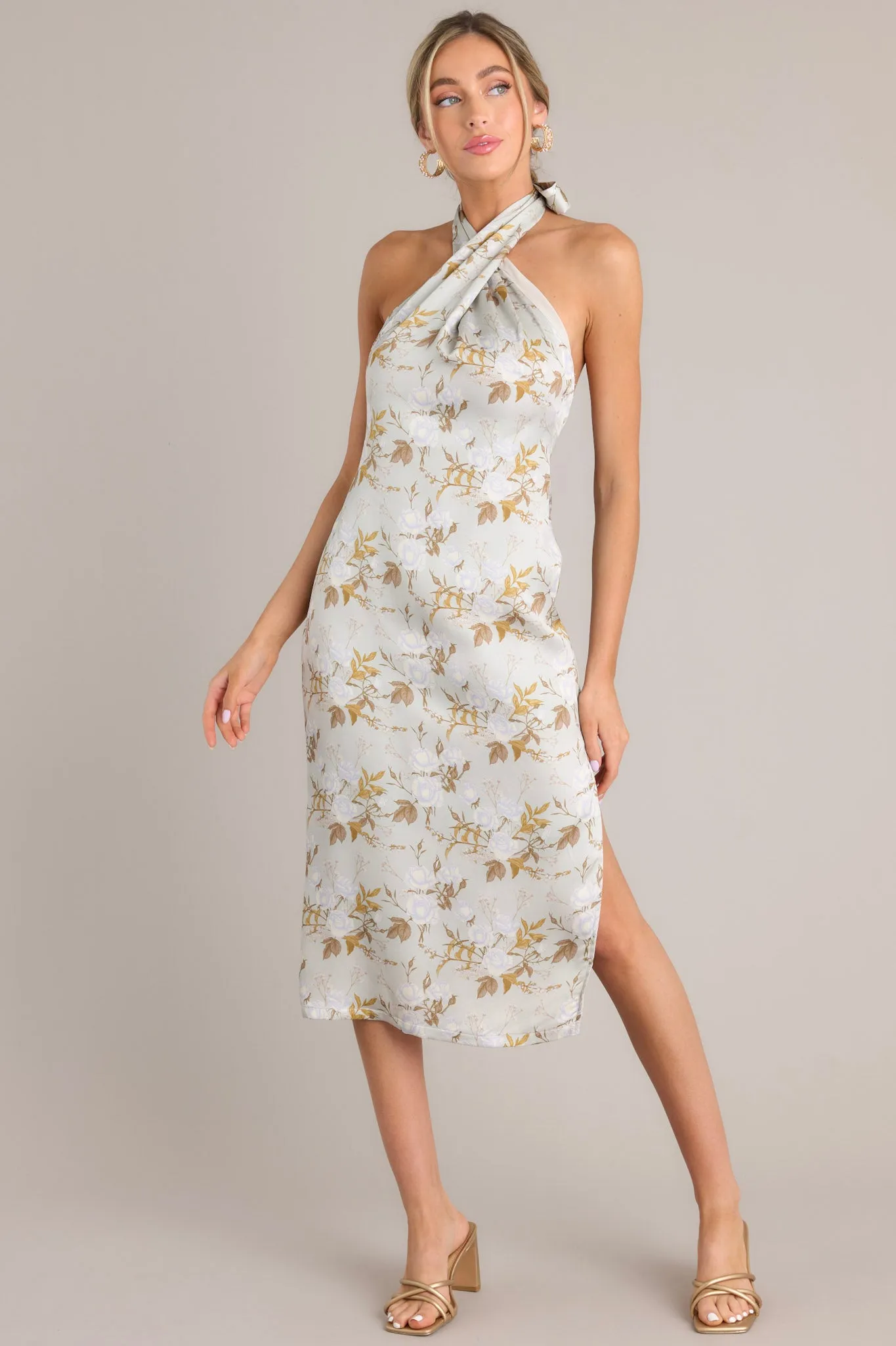 Willow Wisps Light Sage Floral Halter Midi Dress