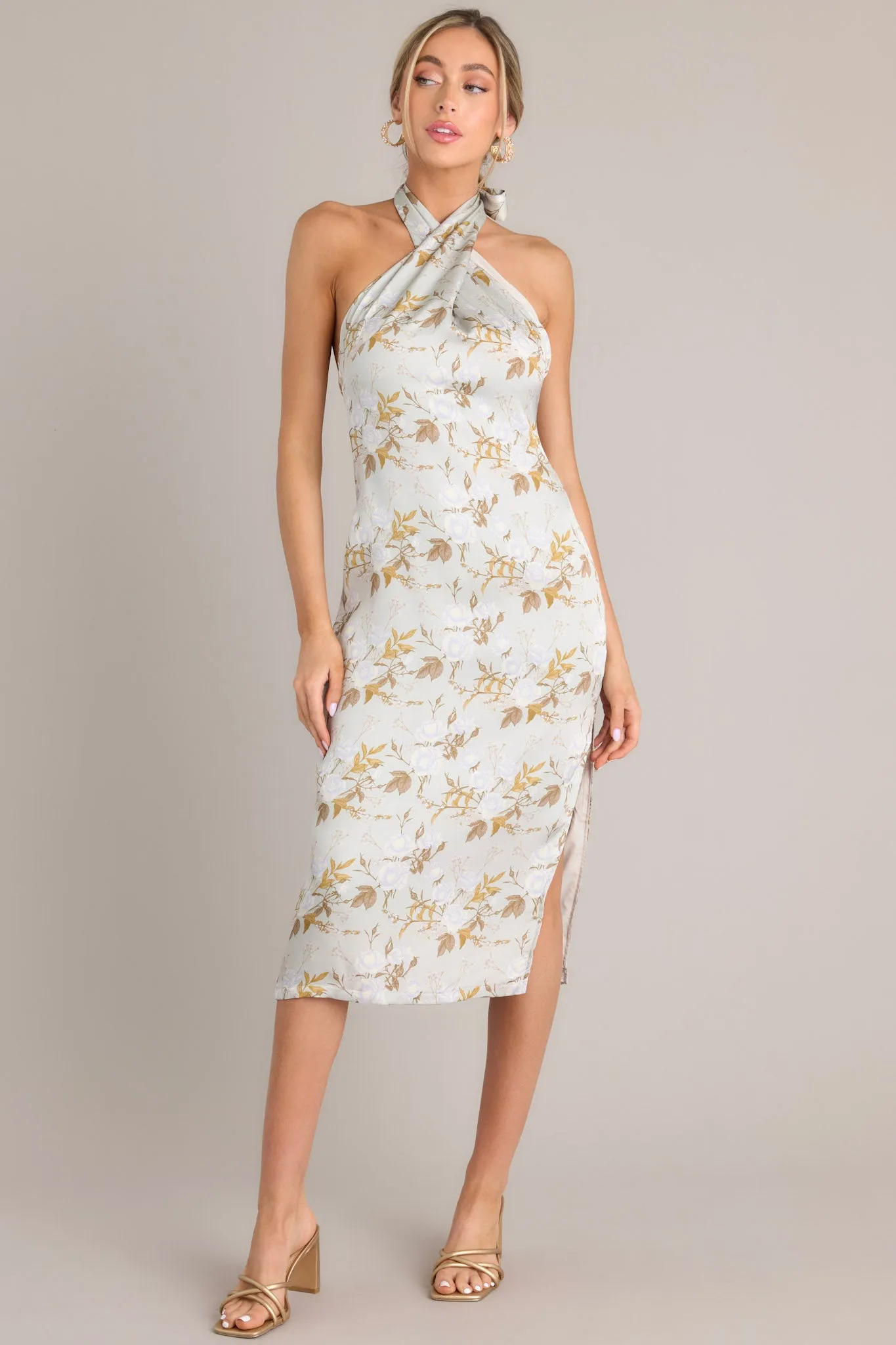 Willow Wisps Light Sage Floral Halter Midi Dress