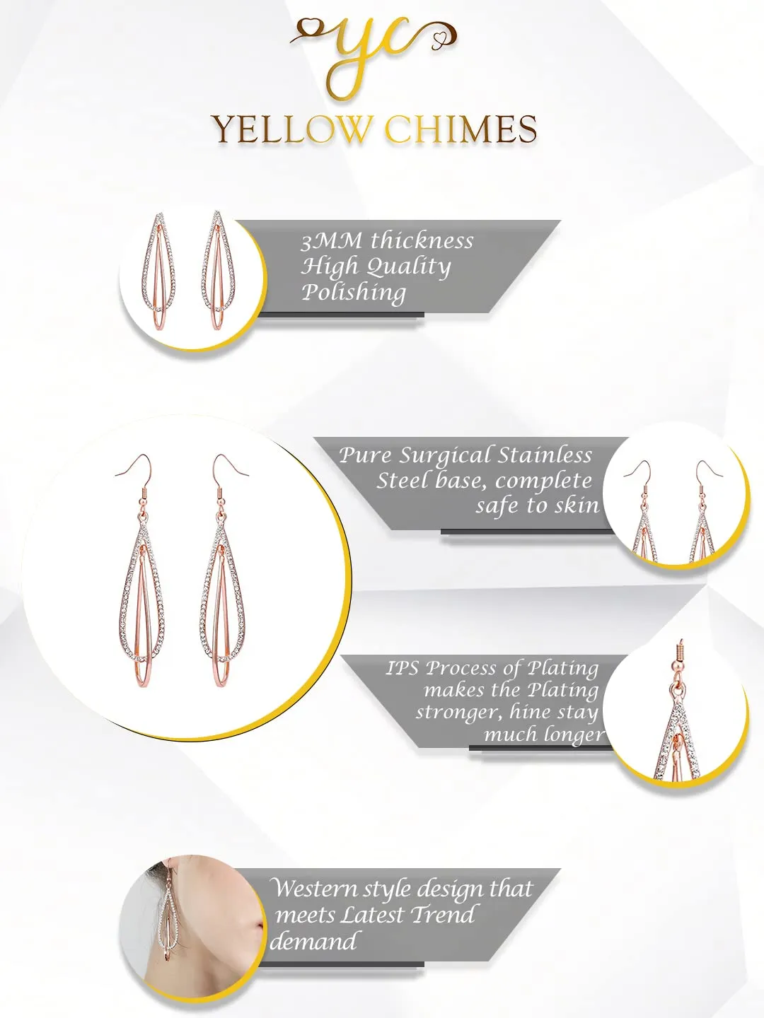 Yellow Chimes Crystal Danglers Earrings for Women | Rose Gold Plated Earrings for Girls | Stainless Steel Fashion Earrings For Girls | Birthday Gift for Girls & Women Anniversary Gift for Wife