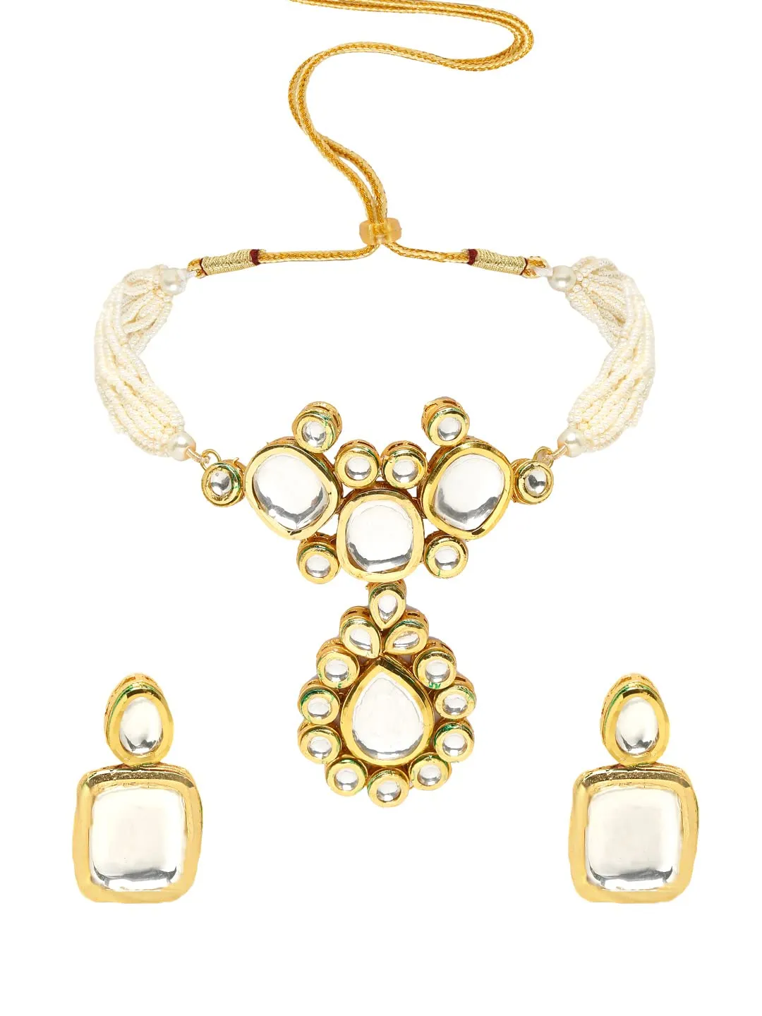 Yellow Chimes Kundan Jewellery Set for Women White Beads Kundan Jewellery Set Ethnic Gold Plated Choker Necklace Set for Women and Girls