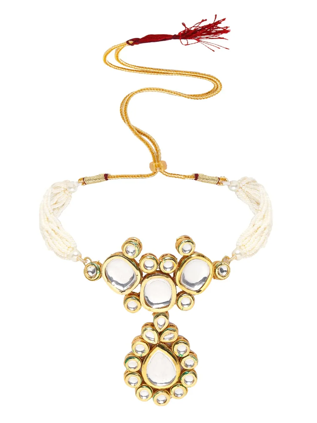 Yellow Chimes Kundan Jewellery Set for Women White Beads Kundan Jewellery Set Ethnic Gold Plated Choker Necklace Set for Women and Girls